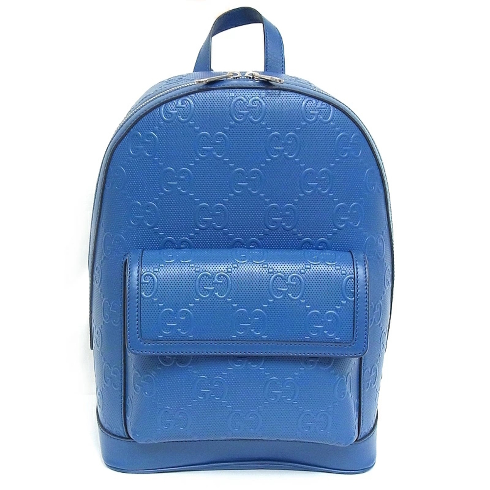 Gucci Backpack GG Embossed Daypack Leather Blue